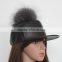 Myfur Man Handsome Style Pure Leather Baseball Cap Hat With Real Silver Fox Fur Bobble Cap