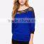 3/4Sleeve Contrast Trims Lacey Yoke Lady Blouses for Women Summer 2015