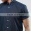 Guangzhou High Quality Custom Short Sleeve Point Collar Mens 54% Cotton 46% Polyester Slim Fit Casual Navy Solid Shirts