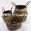 HBK Patterned foldable handmade seagrass belly storage basket with handle and multiple sizes