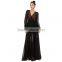 New Spring Women Black Long Sleeve Sexy V-neck Polka Dot Chiffon Big Hem Maxi Dress