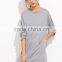 Grey Drop Shoulder Tee Dress With Pockets Cotton Spandex Long Sleeve Casual Plain Sweatshirt Tee Dress