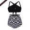 Black Cross Front Hollow Out High Waist Striped Zigzag Bikini Swimsuits