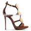 Mature Sexy Women High Heels Summer Shoes Brown Lamb Suede Leather Shoes Metal Shells Embellish Open Toe Sandals 2015