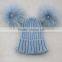 Myfur Baby Blue Wool Crochet Knitted Hats with Double Removable Raccoon Fur Balls