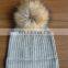 12GG ribbed knitted 100% Cashmere beanie hat with Fur Pompom