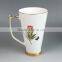 16OZ round shape large ceramic gold rim flower decal coffee mug
