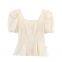 2025 new chiffon printed women's summer outfit, new cover belly slimming round neck embroidered bubble sleeve top