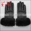 Fashion Lady leather glove wth rabbit Fur and back of three lines