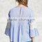 Woman Fashion Loose Style Light Blue Cotton Bell Long Sleeve Blouse Design Patterns back neck