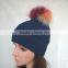 Myfur Navy Color Adults Winter Wool Beanie with Raccoon Fur Pompom Top
