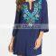 Dark Blue Bohemian Embroidered Three Quarter Sleeve Short Summer Beach Dress Cotton Tunic Women Beachwear Sarong plage