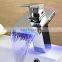 PROWAY Bathroom Spout Waterfall Taps Colorful LED Basin Brass Faucet