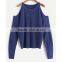2017 fall women loose dark blue cold shoulder knit sweater