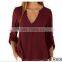 Grey Long Sleeve Chiffon Blouse Shirt Fall Deep V Neck Buttoned Back High Low Asymmetric Loose Casual 2016 Women Top 4 Colors