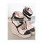 women unique cheap price good quality high heels contrast color cross belts ankle buckle wedges platform sandals shoes(LAJWG0003