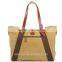 Wholesale  super canvas shopping bag beach tote bag with leather trim and leather handle