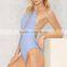 sexy women swimsuit thong bohemian plain color high cut leg plunge neck cut out swimwear