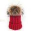 Myfur Wholesale Red Color Real Raccoon Fur Pompom Knit Hat Detachable Fur Pom Pom Crochet Hat