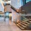 Low cost LED light glass stairs / stainless railing pillars steel glass staircase