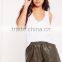 custom ladies khaki elasticated waist faux leather shorts