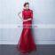 Modern New Design High Neck 1/2 Sleeve Red Beaded Sheath Bow Elegant Buttons Lace Beaded Evening Dress