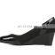 Ladies wedges women sandals black color pointed toe and patent look ankle wrap shoes