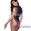 Navy Blue Ribbon Eyelash Chiffon Teddy Bodystocking Sexy Lingerie