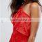 Guangzhou Clothing OEM Frill Detail Bright Red Floral Jacquard One Shoulder Dress