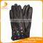 Black genuine leather gloves for women with diamonds