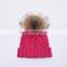 Fashion Fuchsia winter fur hat wool knitted beanie hat with fur pompoms on top KZ160075
