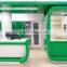 Top quality MDF made painted green and white pharmacy display cabinet