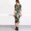 Womens Autumn Dress Bodycon Dresses New Vintage 2016 Spring Summer Office Green Mock Neck Floral Pencil Midi Dress