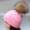 Factory price popular striped style raccoon fur ball knitted beanies
