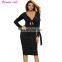 Grey Multi way Deep V Neck Knot Tie Long Sleeve Midi Dress