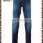 Blue elastic cotton straight jeans, five pocket design followed by brand label, fade effect fashion men's trousers