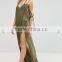 Summer New Style Sexy Plain V-neck Adjustable Straps Side Splits Olive Chiffon Floor-length Beach Kaftan With Cold Shoulders