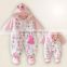 2016 Hottest Long sleeve baby printed winter and spring flannel hooked rompers set for baby girls