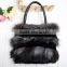 BLACK fashion handbags with fox fur, tote bags, shoulder bags