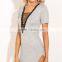 lace up knit top deep V neck cross string woman sexy top