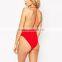 hot sexy photo lady swimwear deep plunge halter neckline backless plain red one piece swimsuit