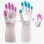 Long Cuff Latex Reusable Household Cleaning Rubber Gloves Kitchen Dish Washing Cleaning Housework Gloves With Scouring Pad