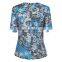 Women New Fashion Round Neck Jacquard T Shirt Digital Floral Printed with Stripes Tops for Ladies