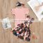 2020 New Summer Amazon Girls' Suit Solid Color Hanging Striped Top Flower Strap Skirt Suit