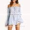 Tops For Women Sheer Summer Sexy Shirts Plain Light Blue Long Flare off shoulder women blouse B006