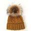 Myfur Caramel Wool Winter Knit Hat with Raccoon Fur Pom Poms