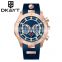 High quality rose gold case blue dial and silicone band dress steel chronograph sports watch men custom logo