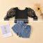 kids Summer Clothing set girl lace dot shirt denim shorts set summer long sleeve shirt hole jeans outfit