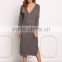 MGOO Custom New Style Knit Shift Midi Dress Deep V Neck Dress Long Sleeves Loose Style Oversized Vestidos