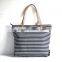 Navy Stripe Stylish Denim Bag Denim Tote Bag With Genuine Leather Handles